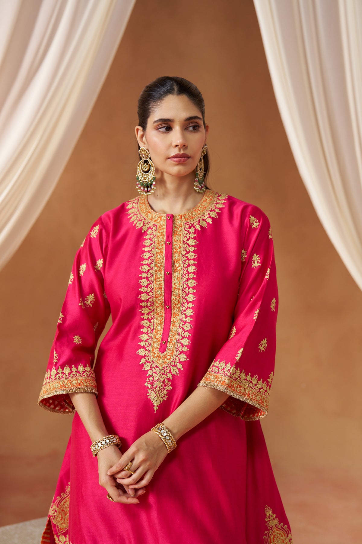 Zeenal - Hot Pink Short A-Line Kaftan with Salwar & Dupatta