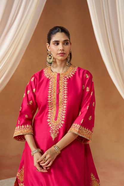 Zeenal - Hot Pink Short A-Line Kaftan with Salwar & Dupatta