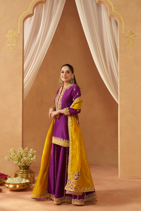 Fadiya - Deep Purple Kurta with Sharara & Heavy Dupatta