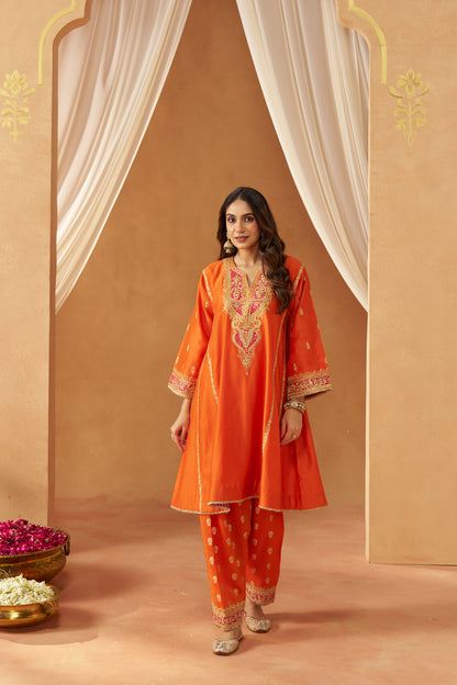 Maahgul - Burnt Orange Short Kalidaar Chauga with Salwar & Light Dupatta