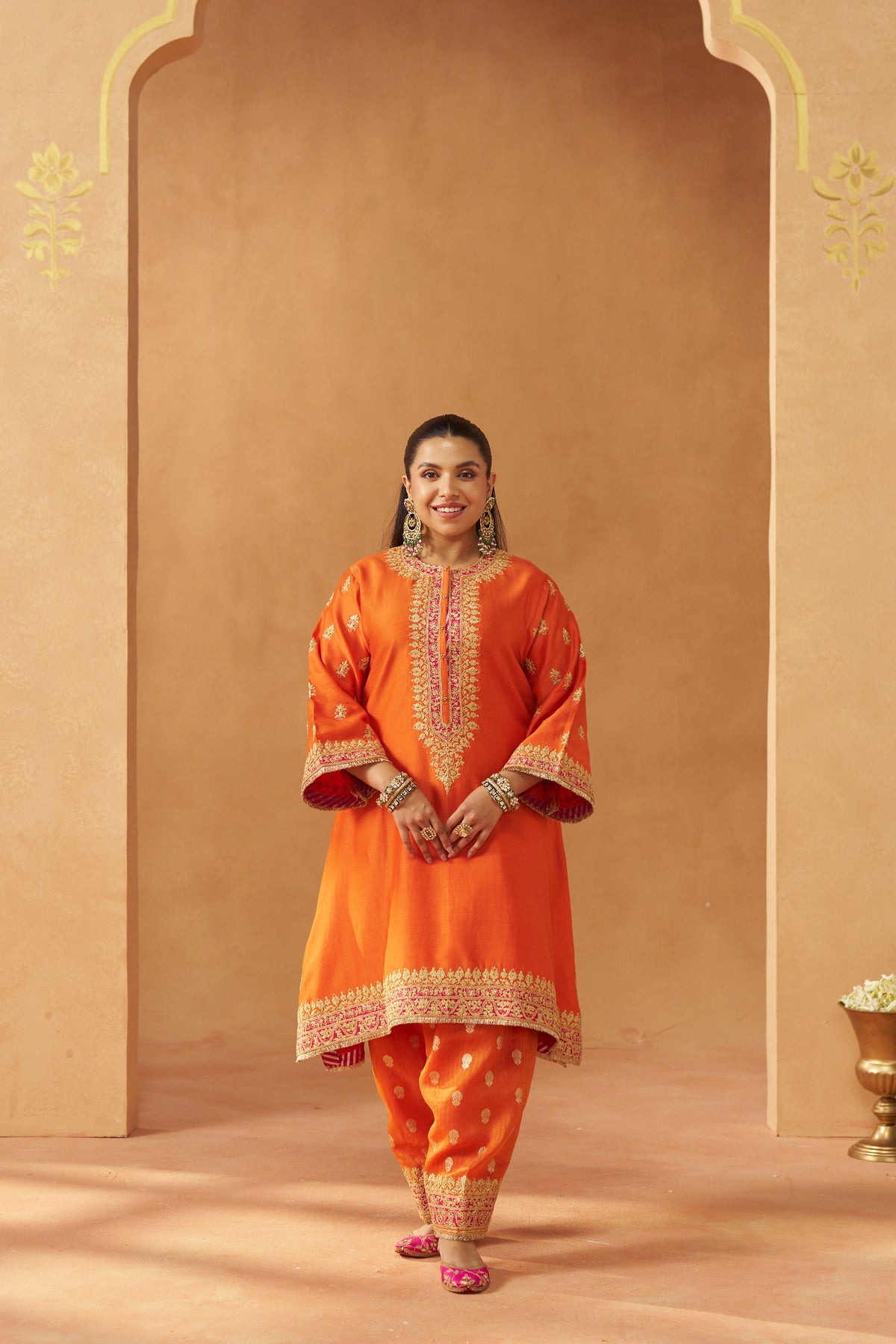 Zeenal - Burnt Orange Short A-Line Kaftan with Salwar & Dupatta
