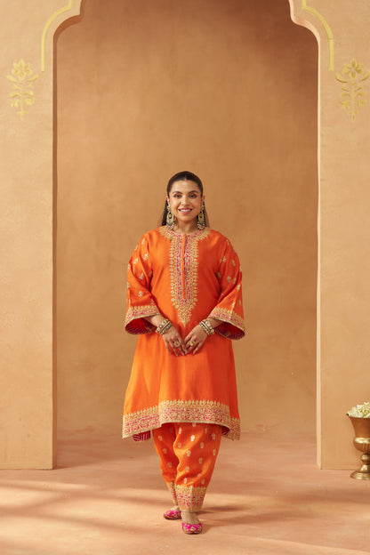 Zeenal - Burnt Orange Short A-Line Kaftan with Salwar & Dupatta