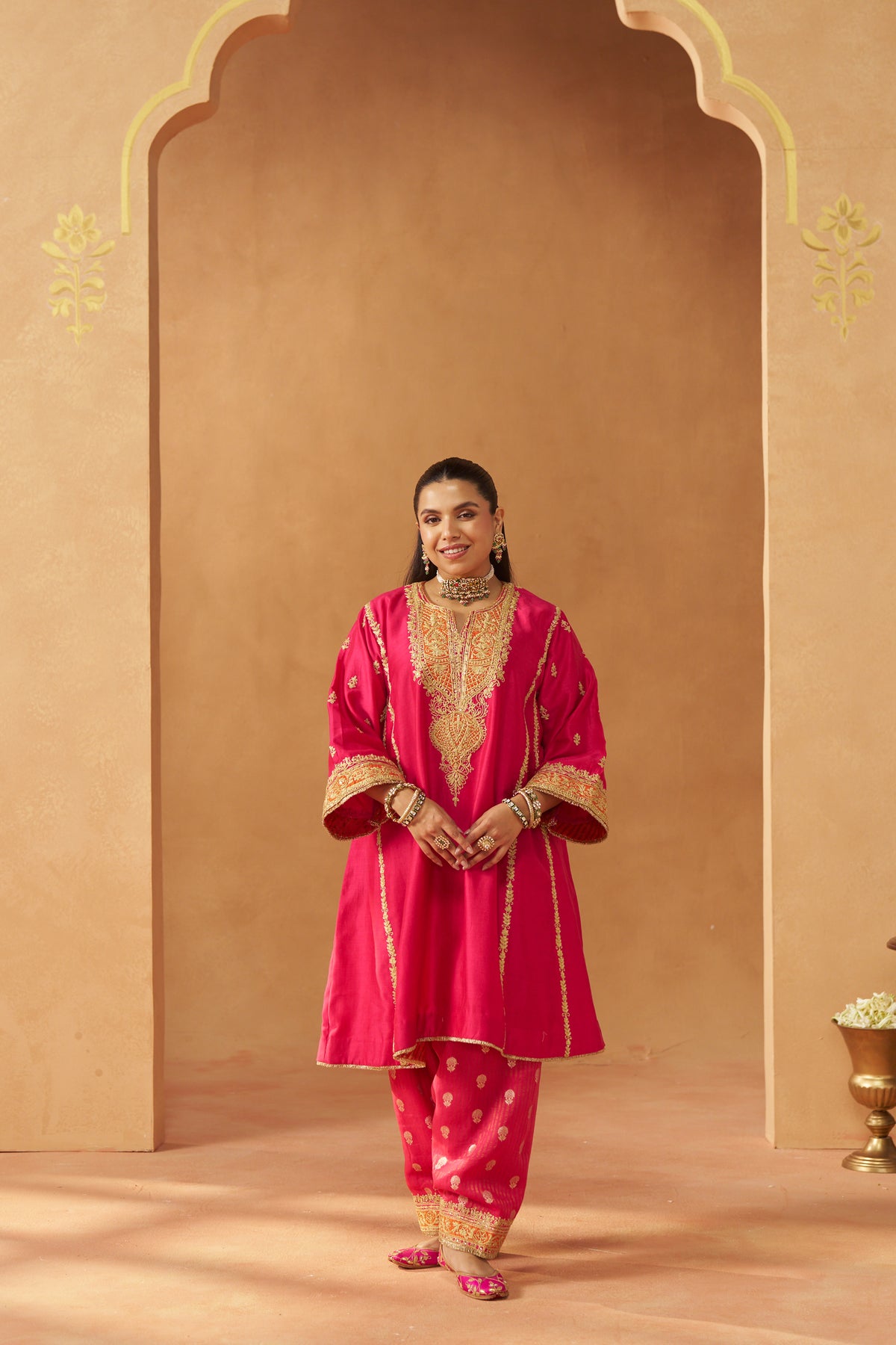 Maahgul - Hot Pink Short Kalidaar Chauga with Salwar & Light Dupatta