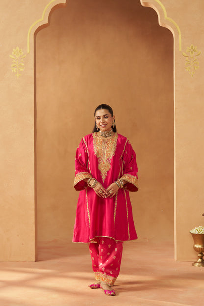 Maahgul - Hot Pink Short Kalidaar Chauga with Salwar & Light Dupatta