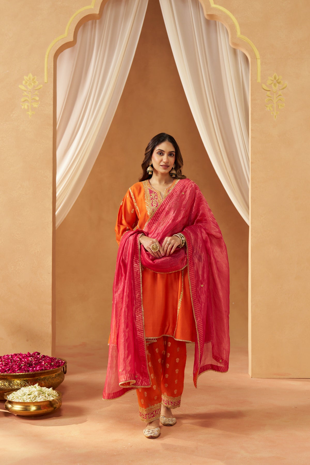 Maahgul - Burnt Orange Short Kalidaar Chauga with Salwar & Light Dupatta