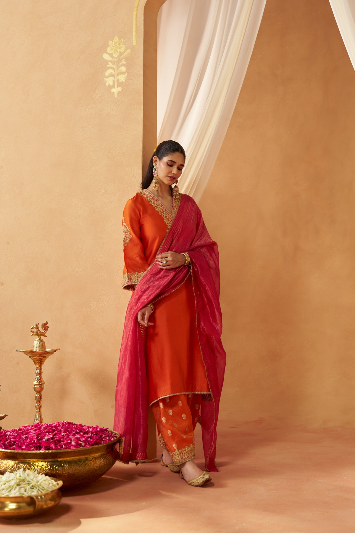 Liana - Burnt Orange Long Chauga with Salwar & Dupatta