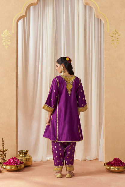 Maahgul - Deep Purple Short Kalidaar Chauga with Salwar & Light Dupatta