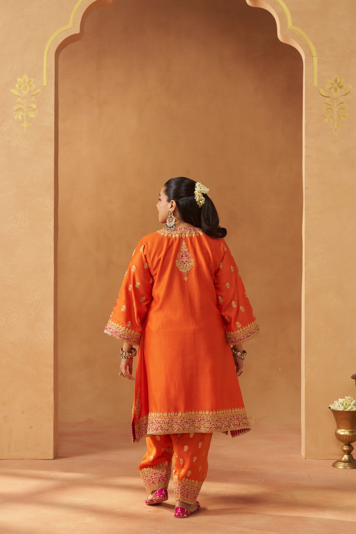 Zeenal - Burnt Orange Short A-Line Kaftan with Salwar & Dupatta