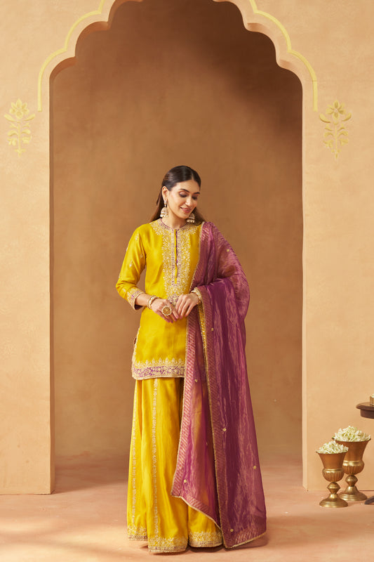 Fadiya - Mustard Kurta with Sharara & Heavy Dupatta