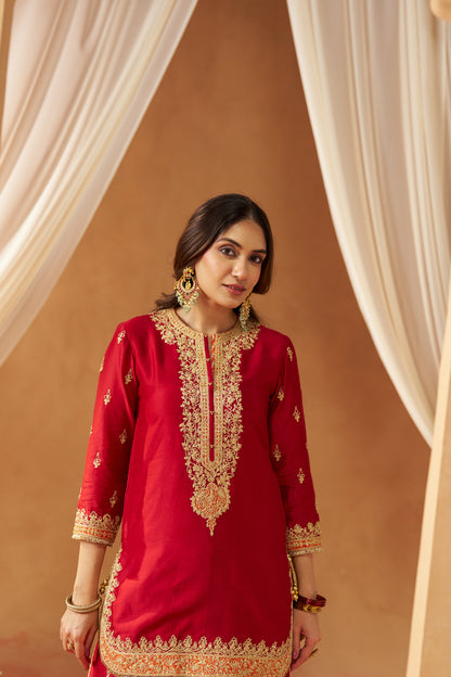 Fadiya - Deep Red Kurta with Sharara & Heavy Dupatta