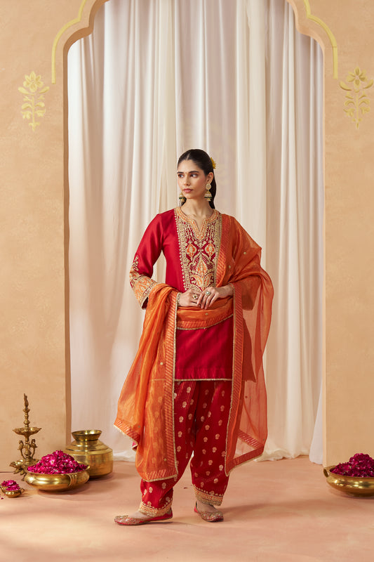 Adeela - Deep Red Kurta with Salwar & Dupatta