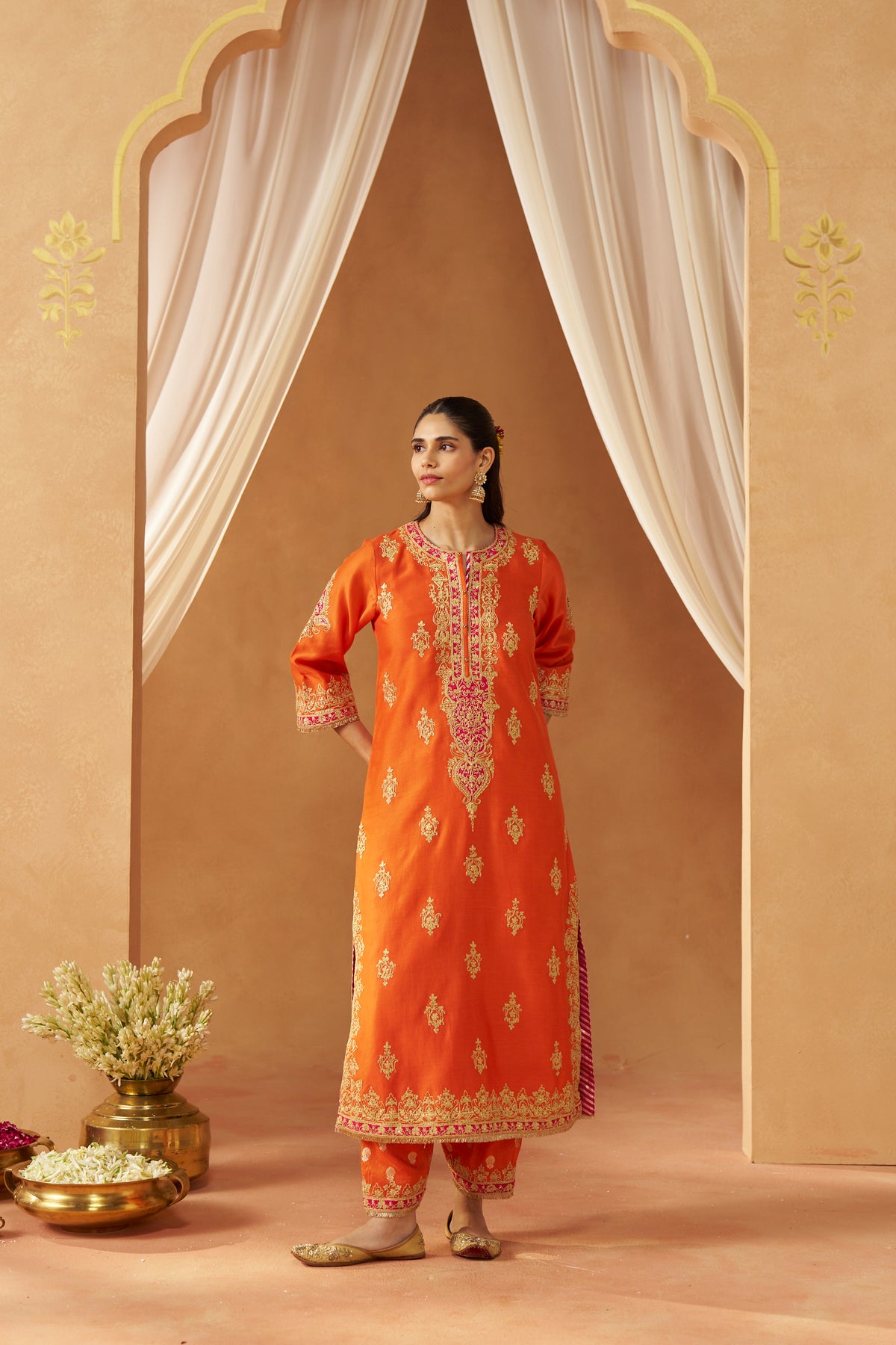 Mubina - Burnt Orange Long A-Line Kurta with Salwar & Dupatta