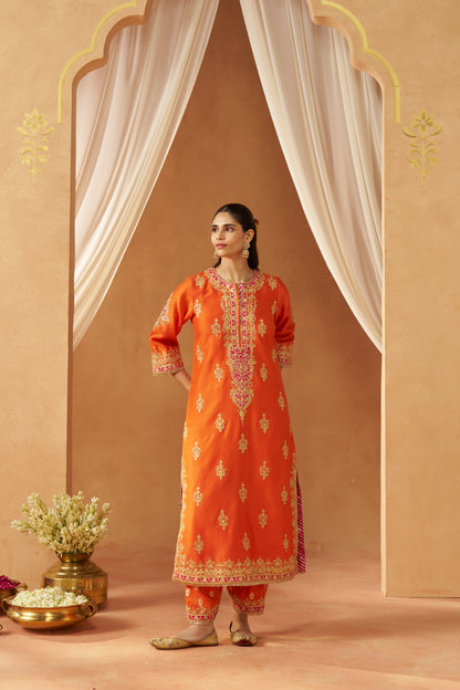 Mubina - Burnt Orange Long A-Line Kurta with Salwar & Dupatta