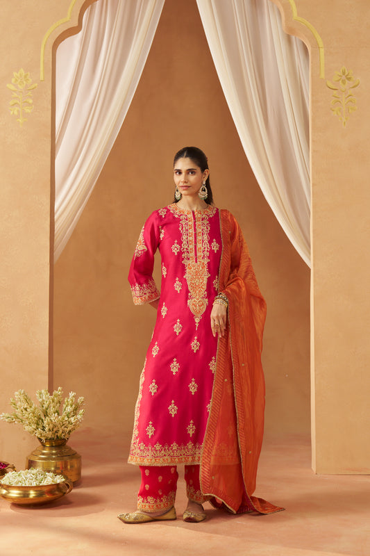 Mubina - Hot Pink Long A-Line Kurta with Salwar & Dupatta