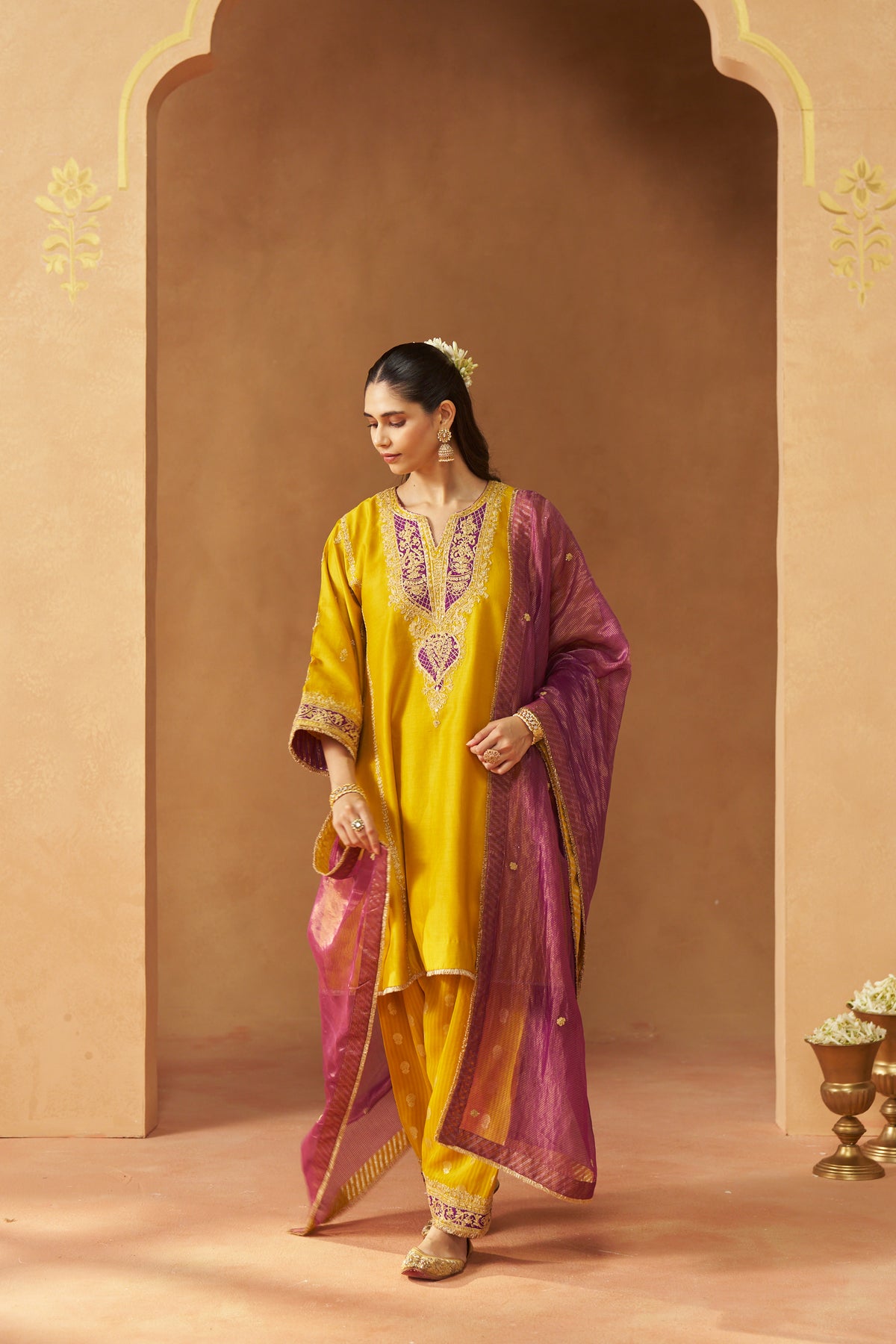 Maahgul - Mustard Short Kalidaar Chauga with Salwar & Light Dupatta
