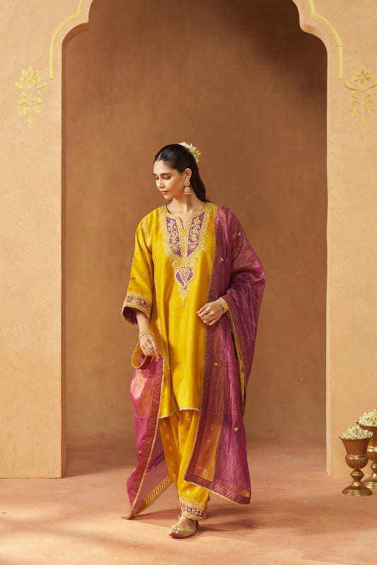 Maahgul - Mustard Short Kalidaar Chauga with Salwar & Light Dupatta
