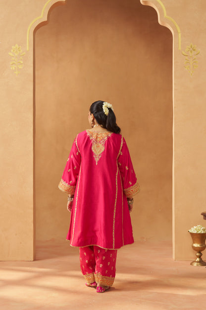 Maahgul - Hot Pink Short Kalidaar Chauga with Salwar & Light Dupatta