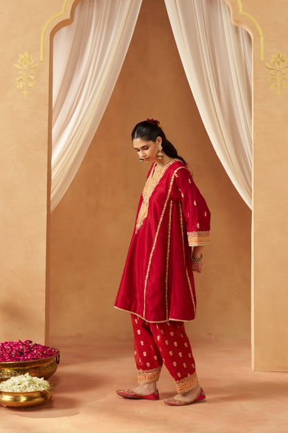 Maahgul - Deep Red Short Kalidaar Chauga with Salwar & Light Dupatta