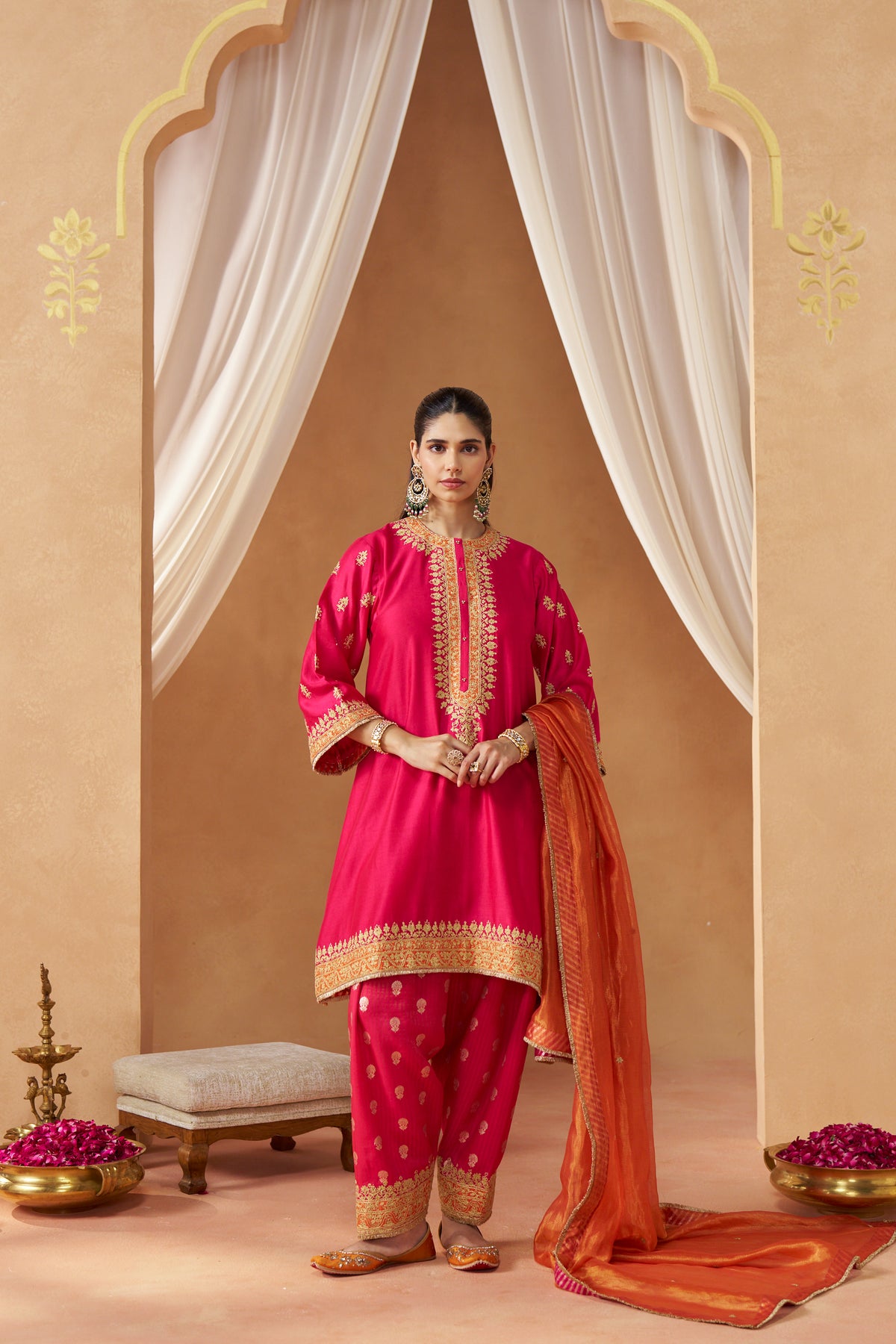 Zeenal - Hot Pink Short A-Line Kaftan with Salwar & Dupatta