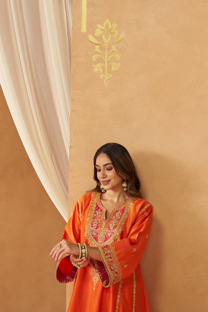 Maahgul - Burnt Orange Short Kalidaar Chauga with Salwar & Light Dupatta