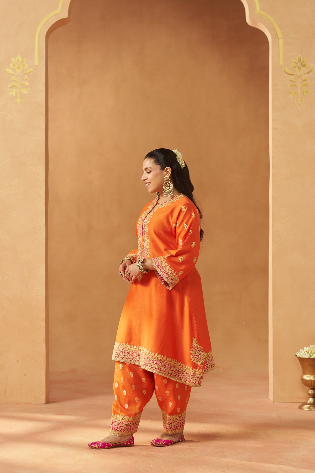 Zeenal - Burnt Orange Short A-Line Kaftan with Salwar & Dupatta