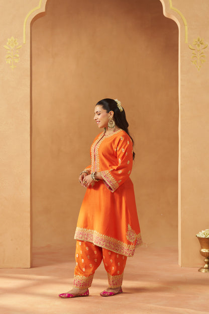 Zeenal - Burnt Orange Short A-Line Kaftan with Salwar & Dupatta
