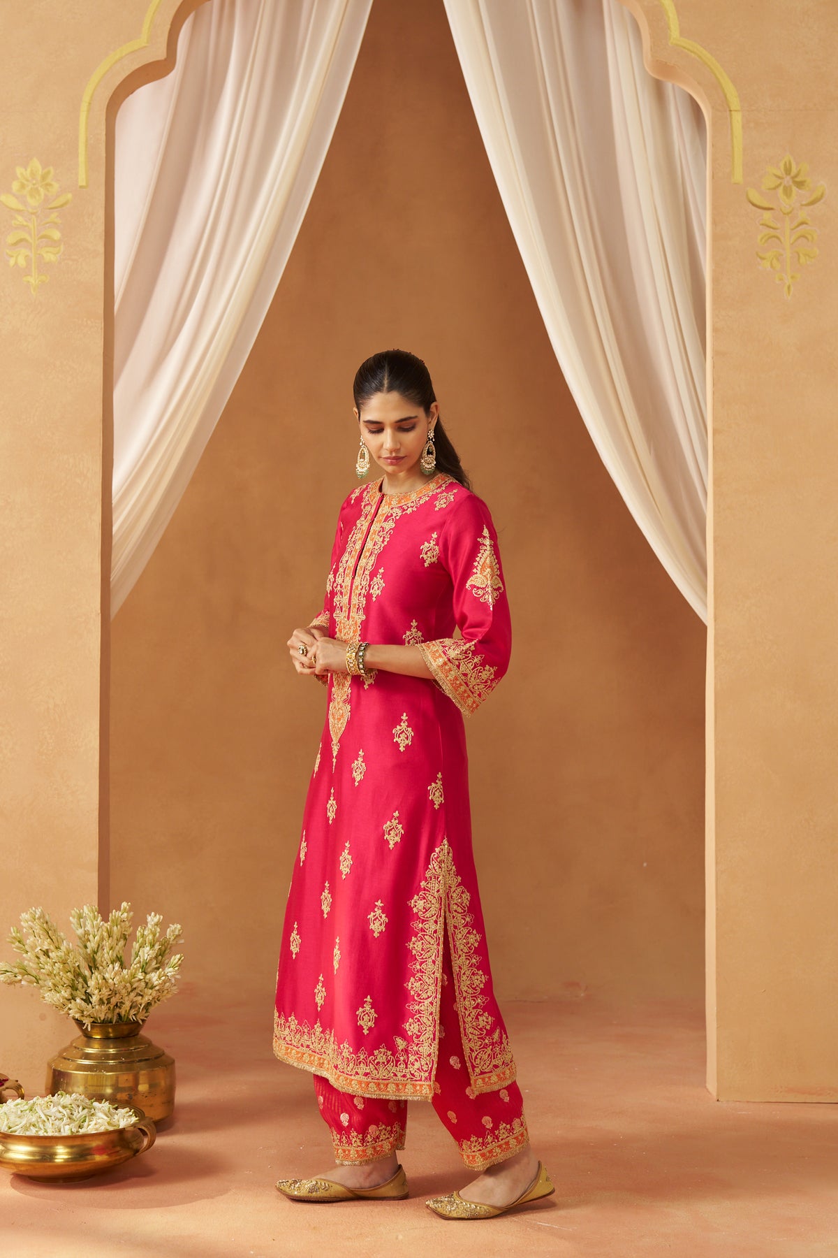 Mubina - Hot Pink Long A-Line Kurta with Salwar & Dupatta