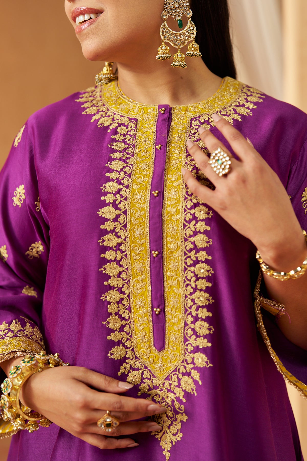 Zeenal - Deep Purple Short A-Line Kaftan with Salwar & Dupatta