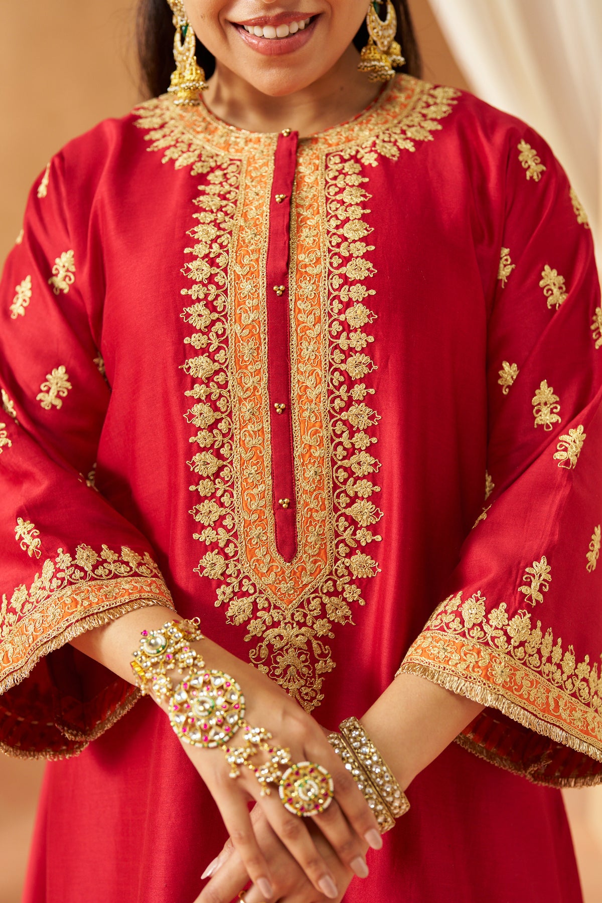 Zeenal - Deep Red Short A-Line Kaftan with Salwar & Dupatta