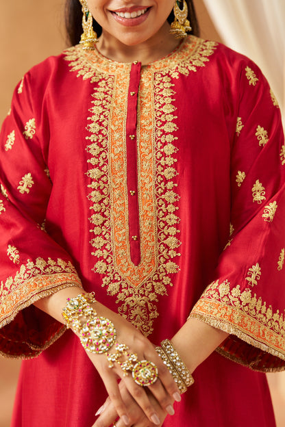 Zeenal - Deep Red Short A-Line Kaftan with Salwar & Dupatta