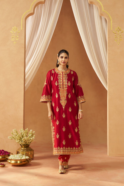 Mubina - Deep Red Long A-Line Kurta with Salwar & Dupatta