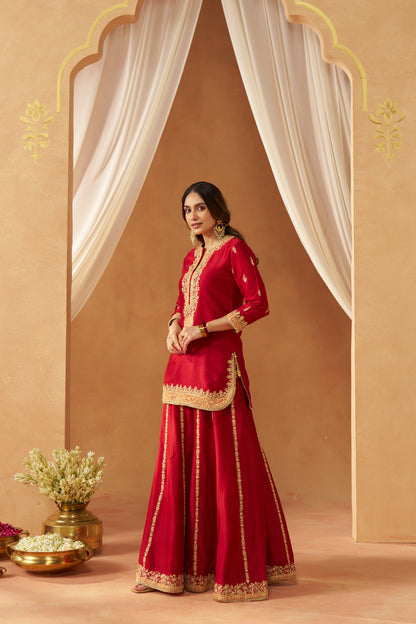 Fadiya - Deep Red Kurta with Sharara & Heavy Dupatta