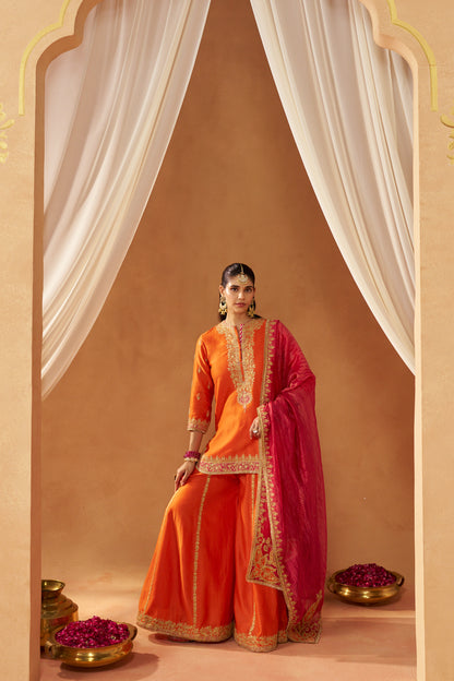 Fadiya - Burnt Orange Kurta with Sharara & Heavy Dupatta