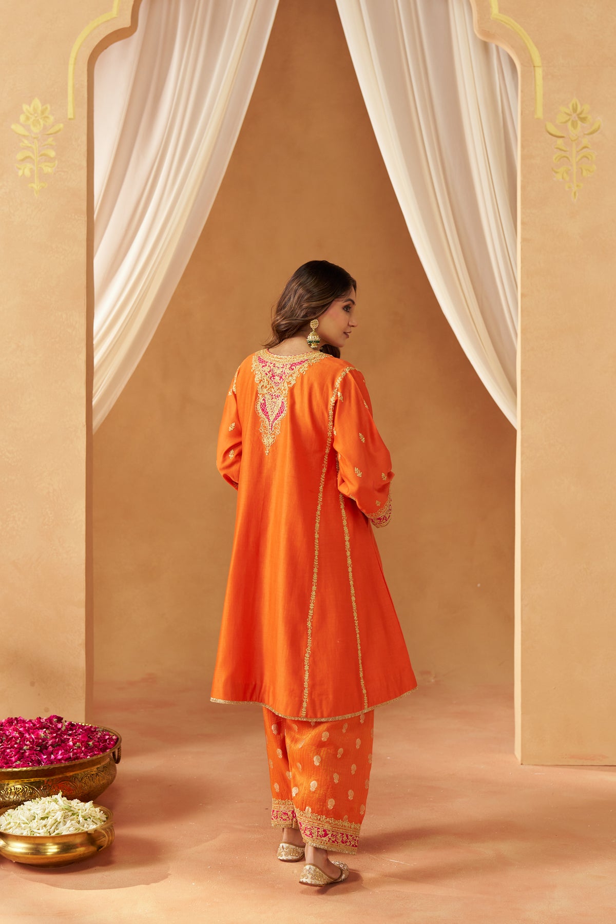 Maahgul - Burnt Orange Short Kalidaar Chauga with Salwar & Light Dupatta