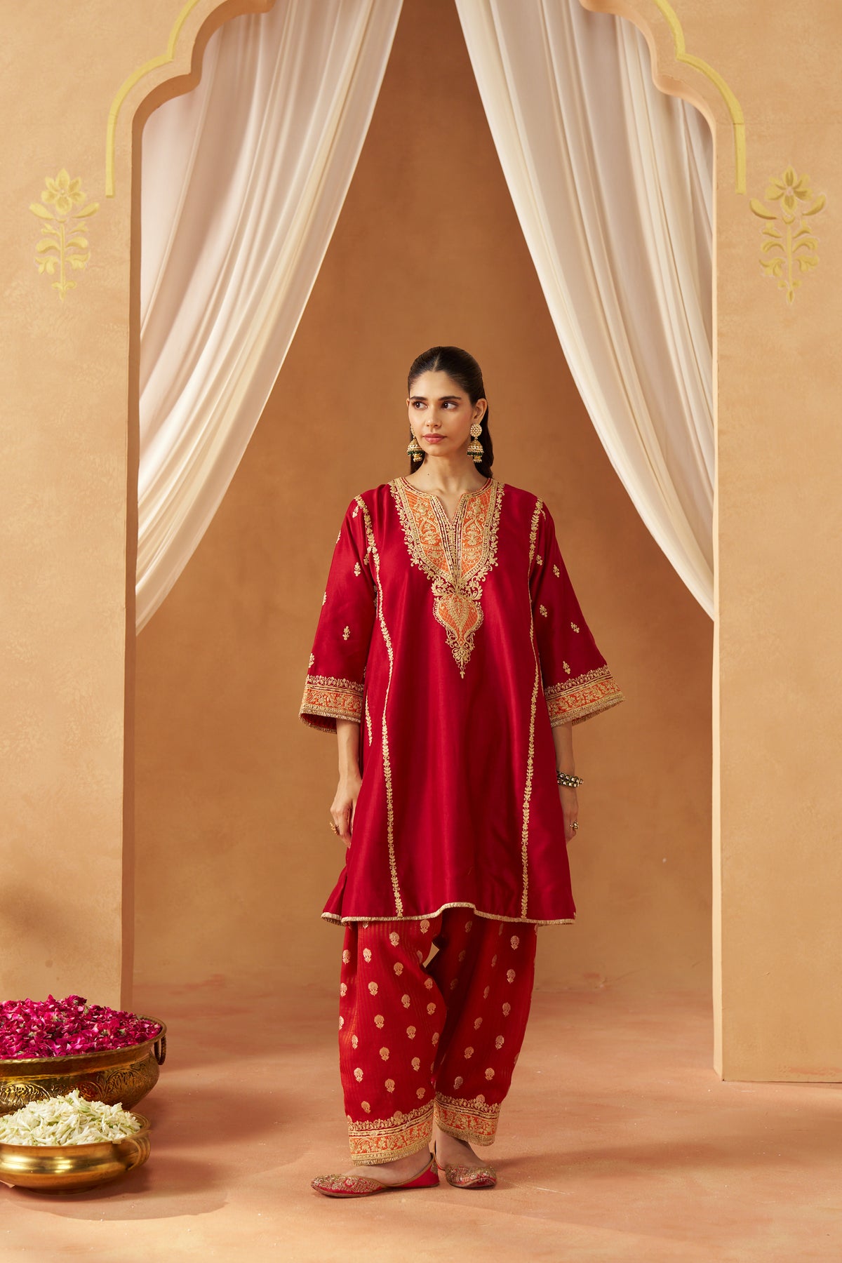 Maahgul - Deep Red Short Kalidaar Chauga with Salwar & Light Dupatta