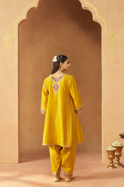 Maahgul - Mustard Short Kalidaar Chauga with Salwar & Light Dupatta