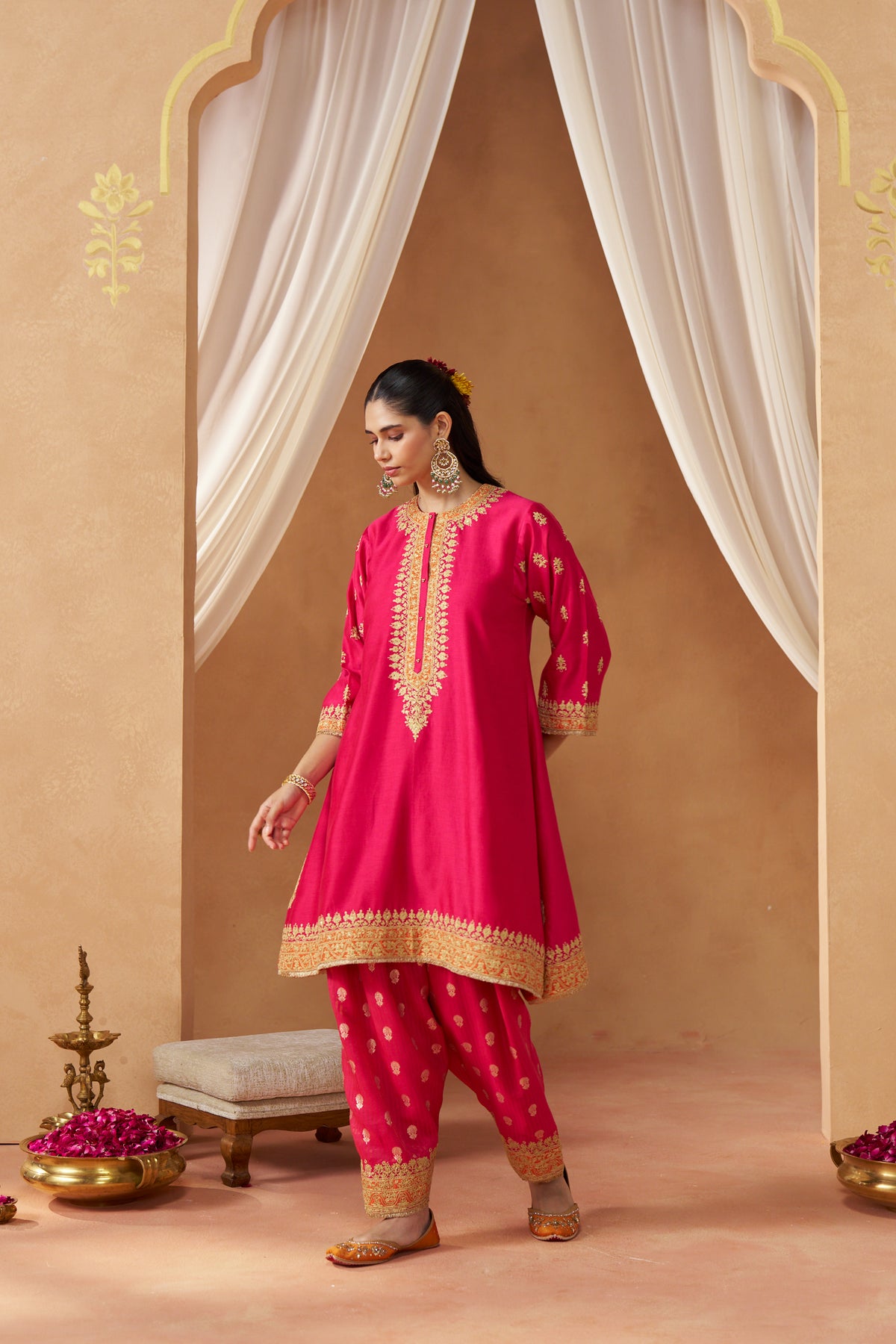 Zeenal - Hot Pink Short A-Line Kaftan with Salwar & Dupatta