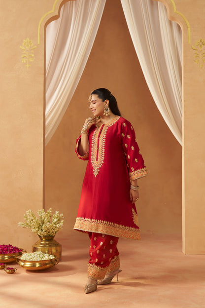 Zeenal - Deep Red Short A-Line Kaftan with Salwar & Dupatta