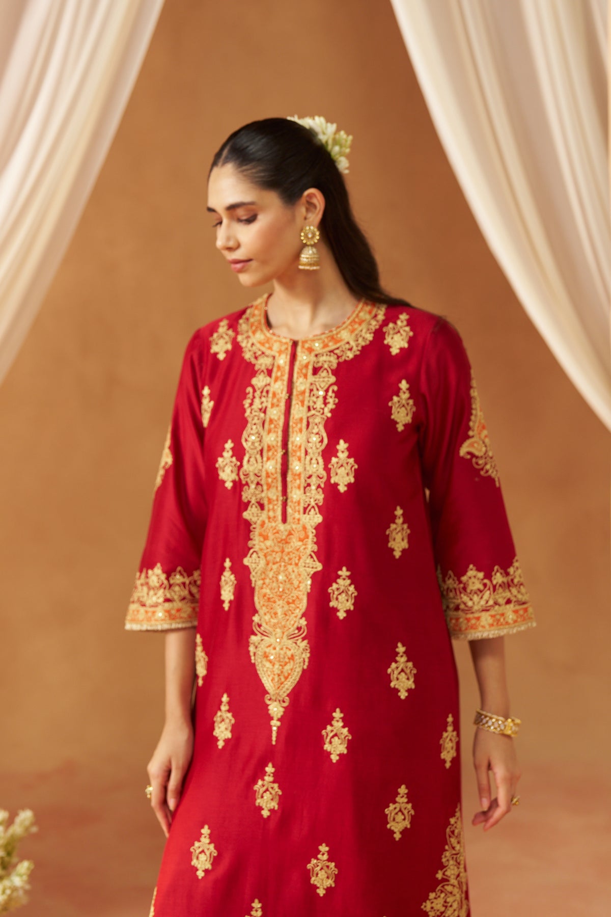 Mubina - Deep Red Long A-Line Kurta with Salwar & Dupatta