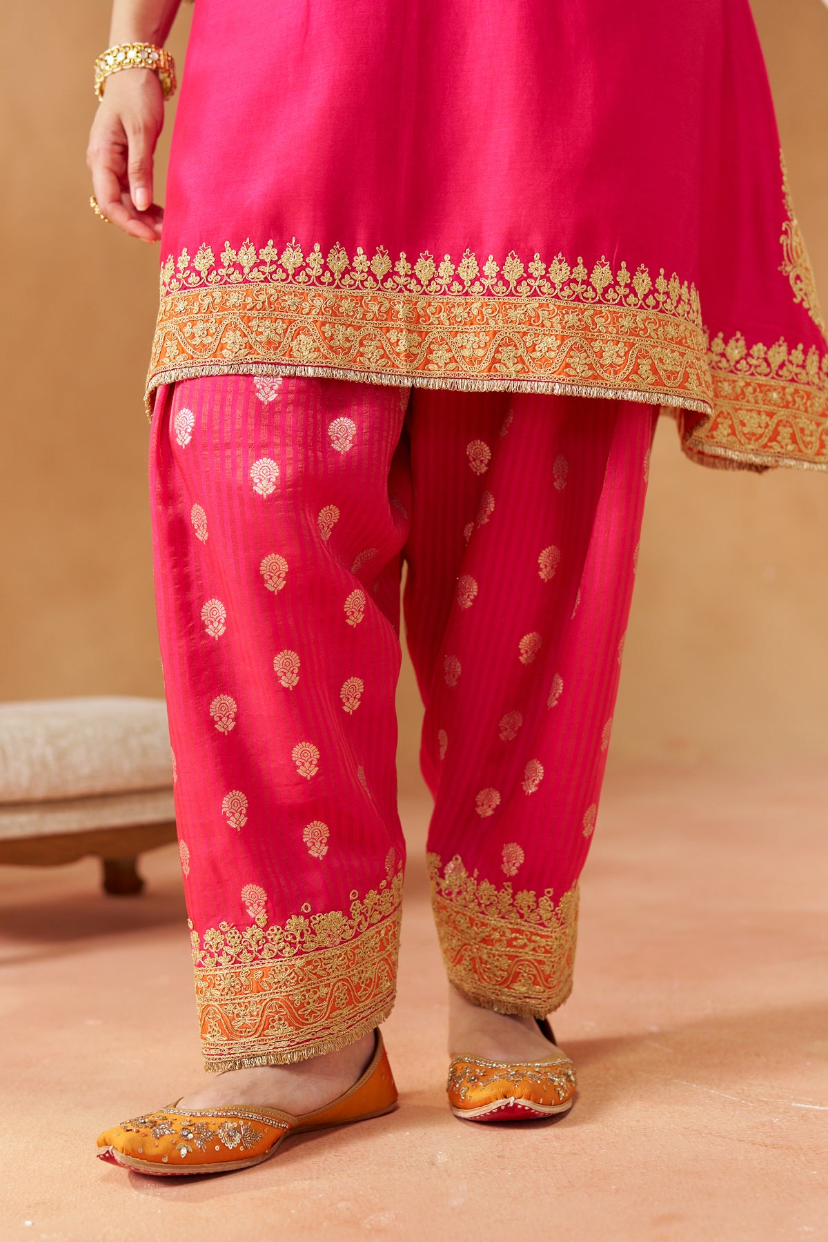 Zeenal - Hot Pink Short A-Line Kaftan with Salwar & Dupatta