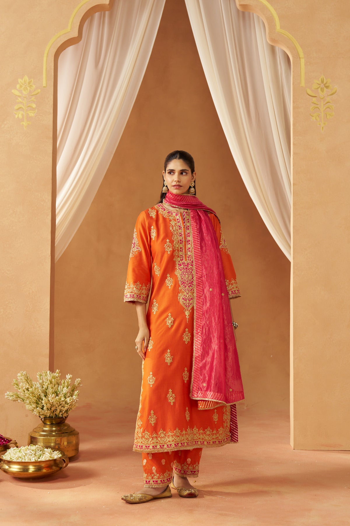 Mubina - Burnt Orange Long A-Line Kurta with Salwar & Dupatta