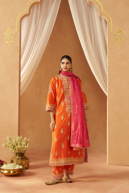 Mubina - Burnt Orange Long A-Line Kurta with Salwar & Dupatta