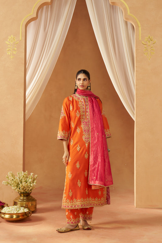 Mubina - Burnt Orange Long A-Line Kurta with Salwar & Dupatta