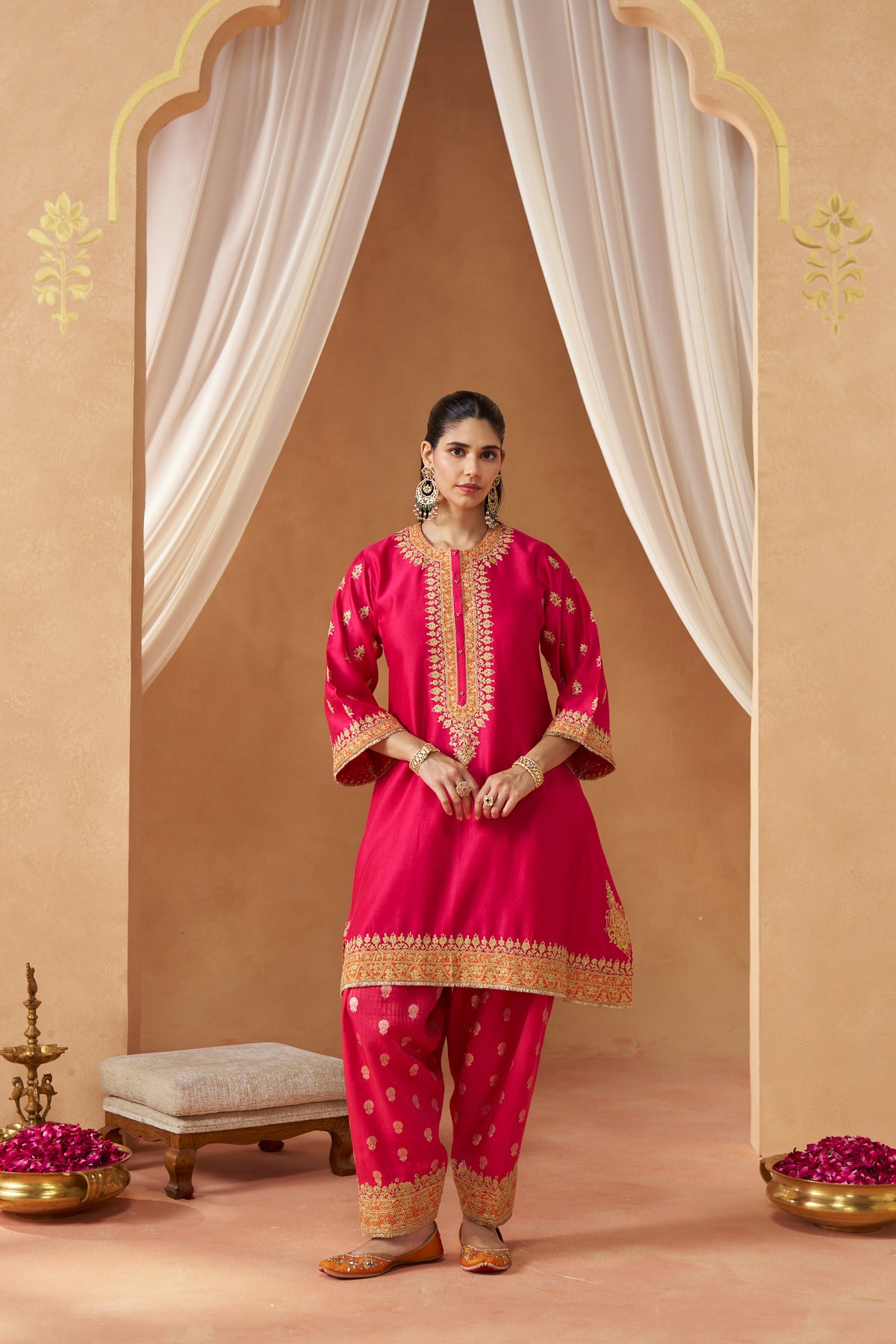 Zeenal - Hot Pink Short A-Line Kaftan with Salwar & Dupatta