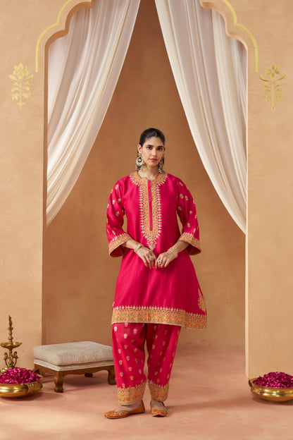 Zeenal - Hot Pink Short A-Line Kaftan with Salwar & Dupatta