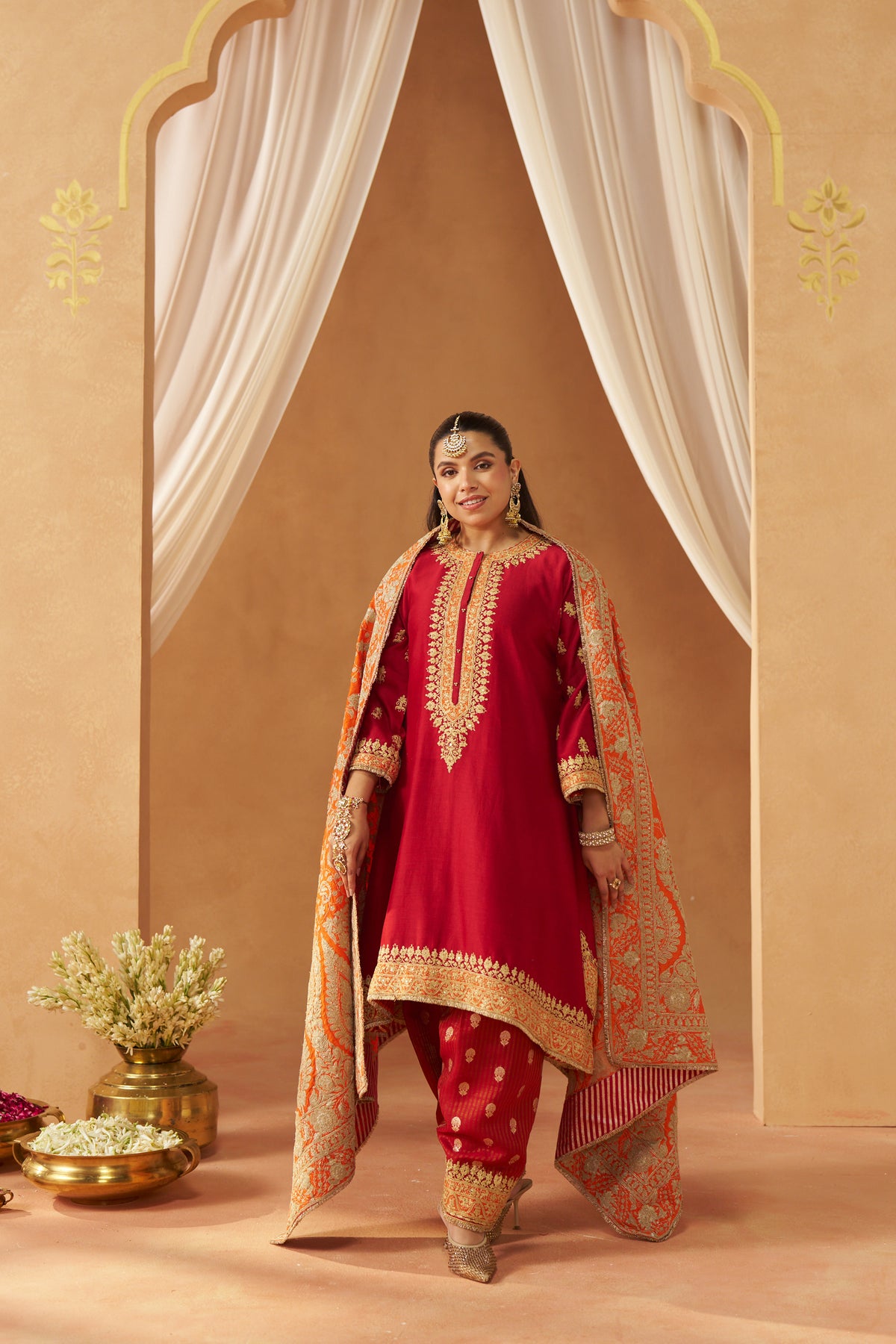 Zeenal - Deep Red Short A-Line Kaftan with Salwar & Dupatta
