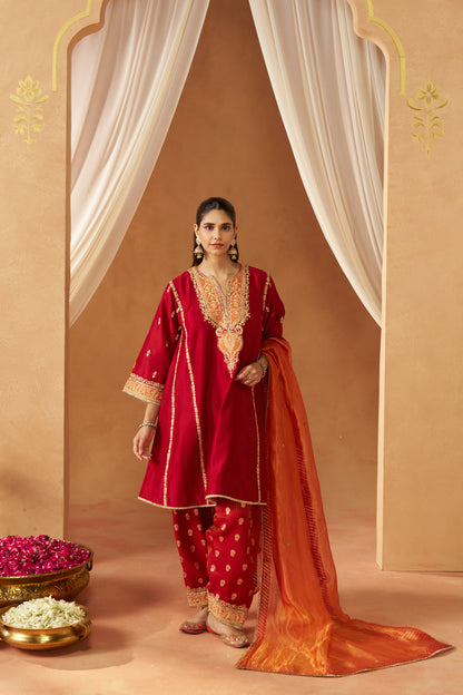 Maahgul - Deep Red Short Kalidaar Chauga with Salwar & Light Dupatta