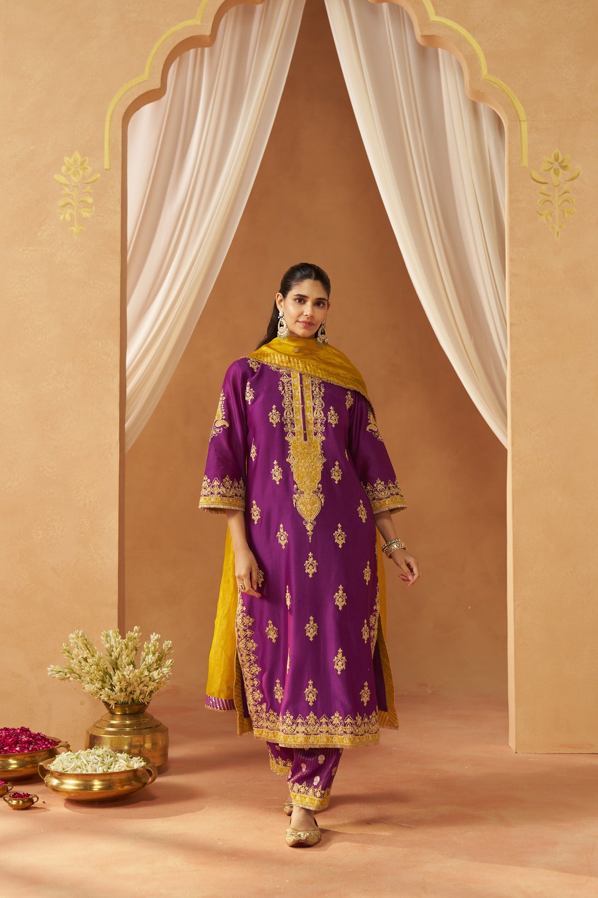 Mubina - Deep Purple Long A-Line Kurta with Salwar & Dupatta