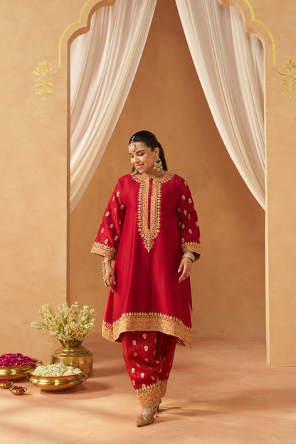 Zeenal - Deep Red Short A-Line Kaftan with Salwar & Dupatta