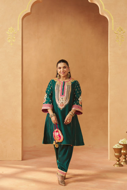 Riva - Emerald Green Short Kalidaar Chauga with Salwar